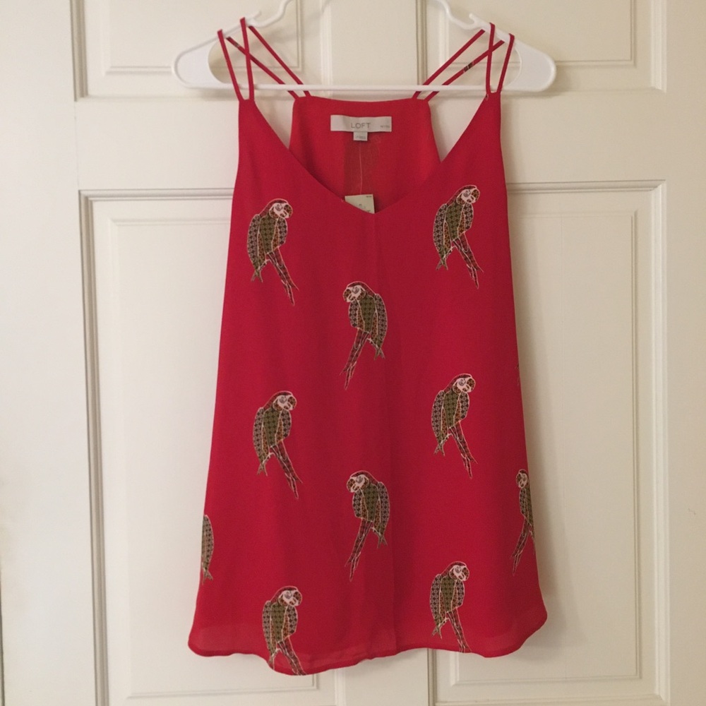 NWT LOFT Petite (LP) Top Racerback VNeck Blouse Double Straps Red Bird Print